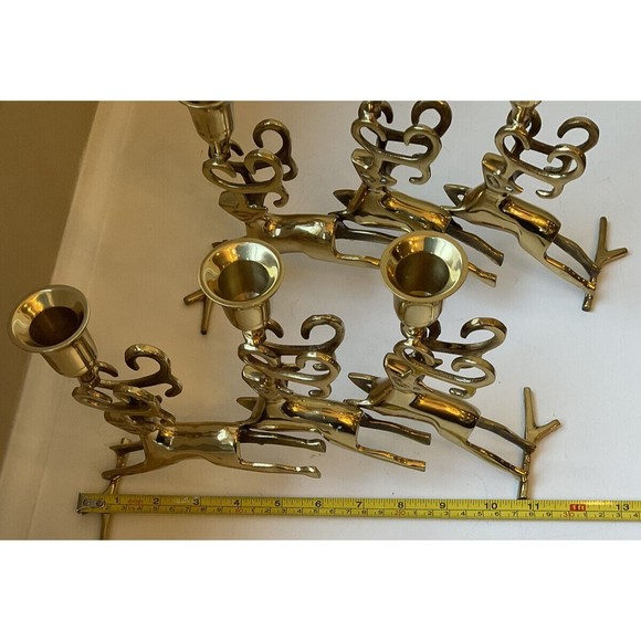 Polished Brass Reindeer 3 Pillar Candleholder Candelabra Vintage- Set Of 2 - Picture 7 of 10